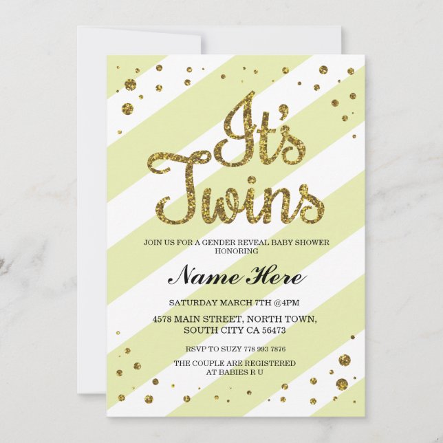 It's Twins Baby Shower Gender Reveal Yellow Invite (Front)
