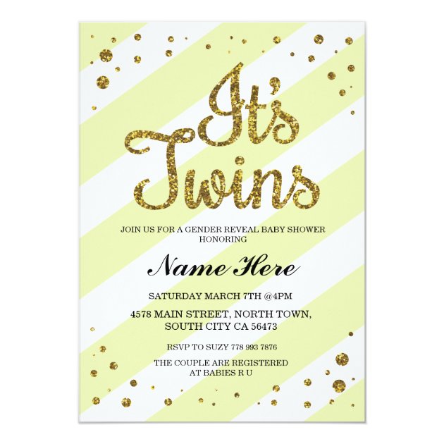 It's Twins Baby Shower Gender Reveal Yellow Invite