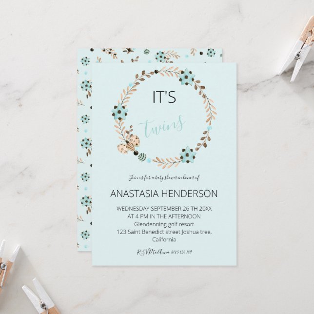 It's twins-Baby shower invitation. invitation (Front/Back In Situ)