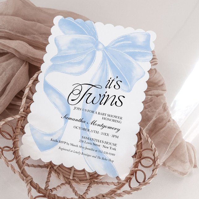 Its Twins Blue Coquette Bow Baby Invitation (Creator Uploaded)