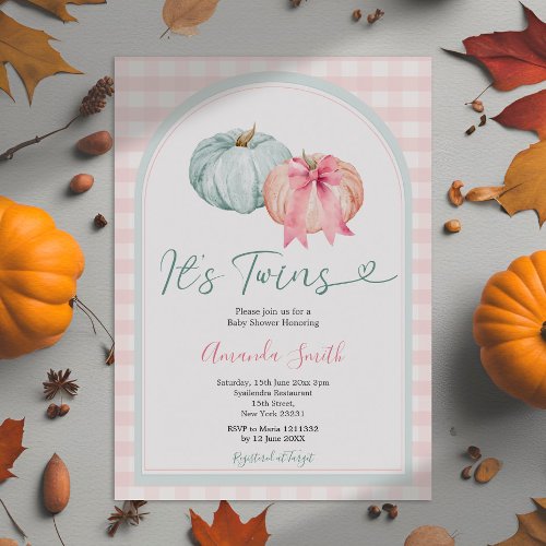 Its Twins Blue  Pink Pumpkin Gingham Baby Shower Invitation