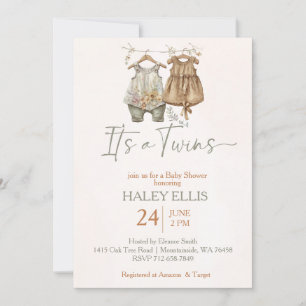 It's twins boho clothes nursery baby shower invitation