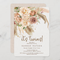 It's Twins boho pampas grass bohemian baby shower Invitation