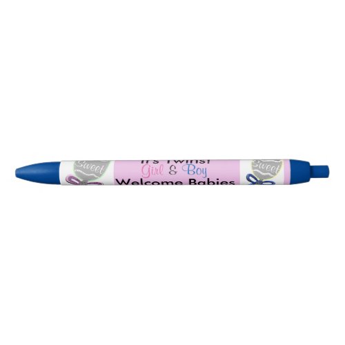 Its Twins Boy Girl Blue Pink Birth Announcement Black Ink Pen