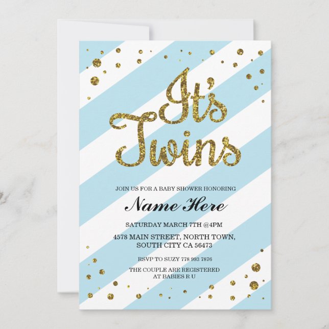 It's Twins Boys Baby Shower Blue Gold Invite (Front)