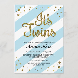 It's Twins Boys Baby Shower Blue Gold Invite