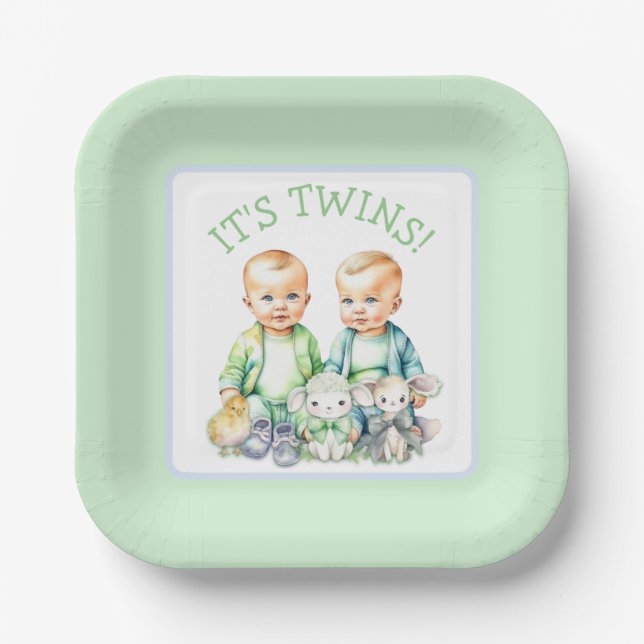 It's Twins! Cute boy twins Baby Shower Paper Plates (Front)
