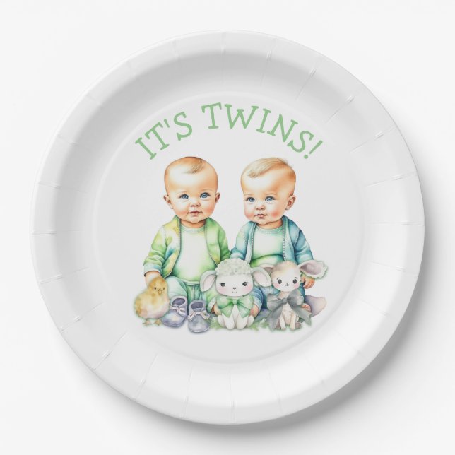 It's Twins! Cute boy twins Baby Shower Paper Plates (Front)