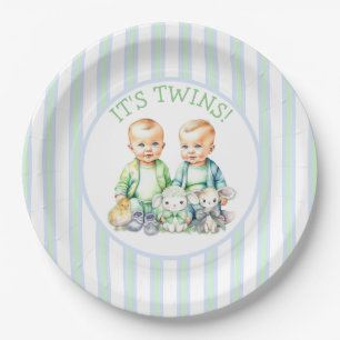 It's Twins! Cute boy twins Baby Shower Paper Plates