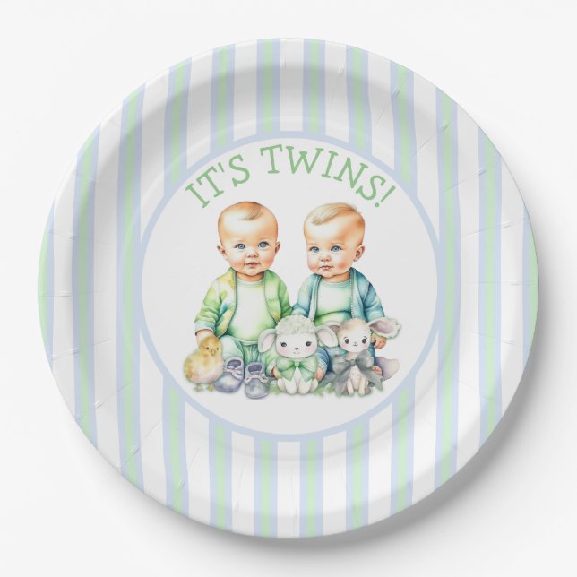 It's Twins! Cute boy twins Baby Shower Paper Plates (Front)