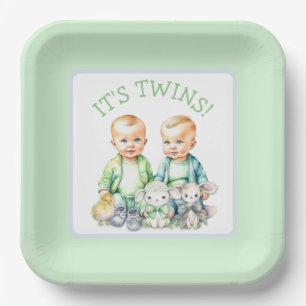 It's Twins! Cute boy twins Baby Shower Paper Plates