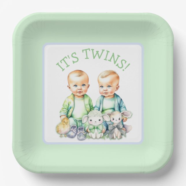 It's Twins! Cute boy twins Baby Shower Paper Plates (Front)