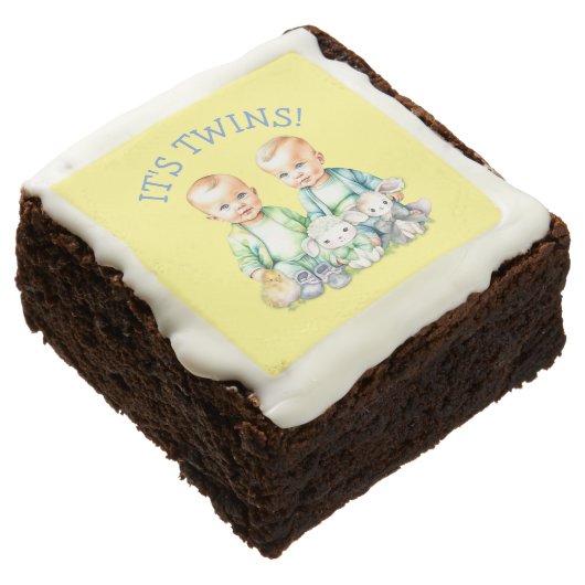 It's Twins! Cute boy twins Baby Shower Treats Brownie (Angled)