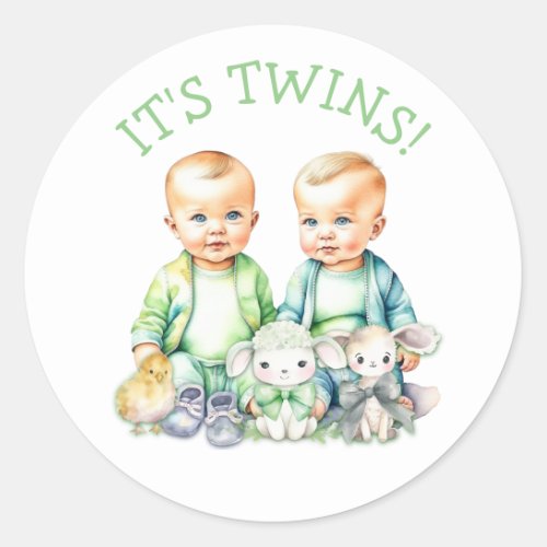 Its Twins Cute boy twins Baby Shower Treats Classic Round Sticker