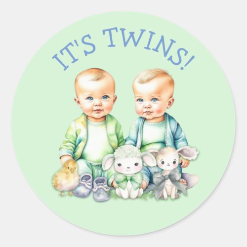 Its Twins Cute boy twins Baby Shower Treats Classic Round Sticker