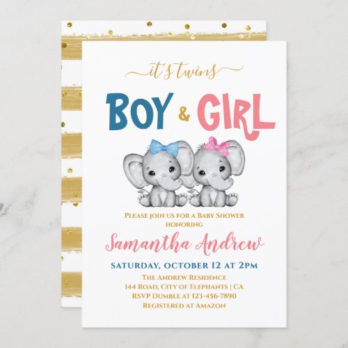 Its Twins Cute Elephant Boy  Girl Baby Shower Invitation