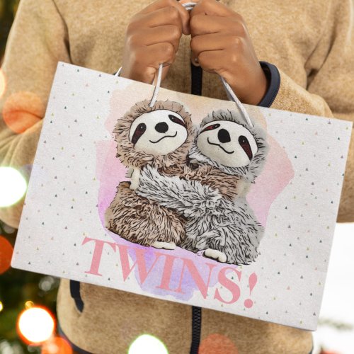 Its Twins Cute Sloth Hugs Baby Shower Pink  Large Gift Bag