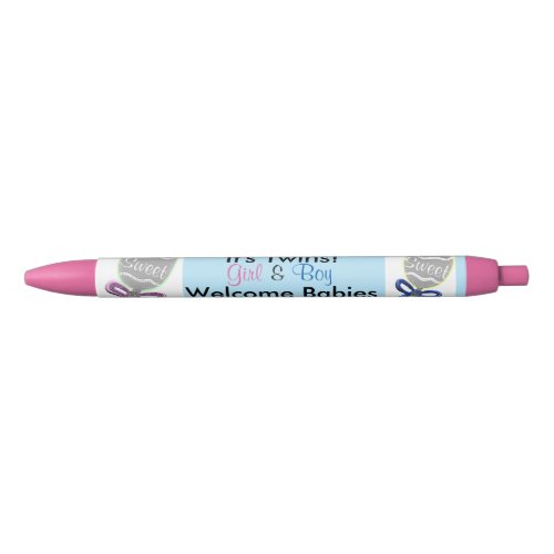 Its Twins Girl Boy Pink Blue Birth Announcement Black Ink Pen