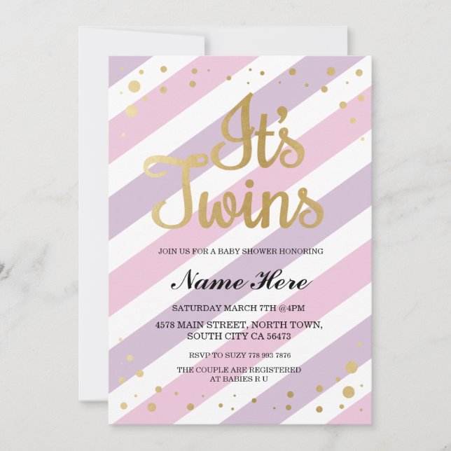 It's Twins Girls Baby Shower Gold & Pink Invite (Front)