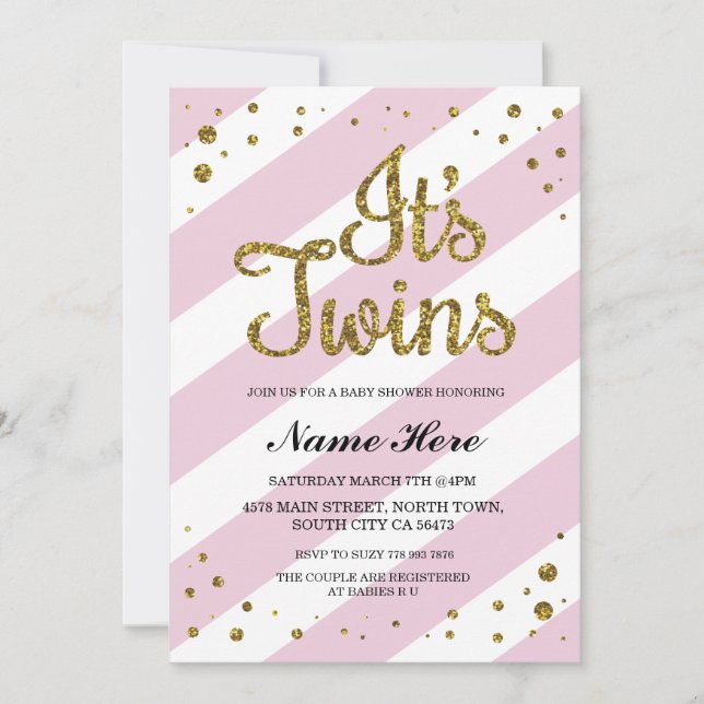 It's Twins Girls Baby Shower Pink Gold Invite (Front)