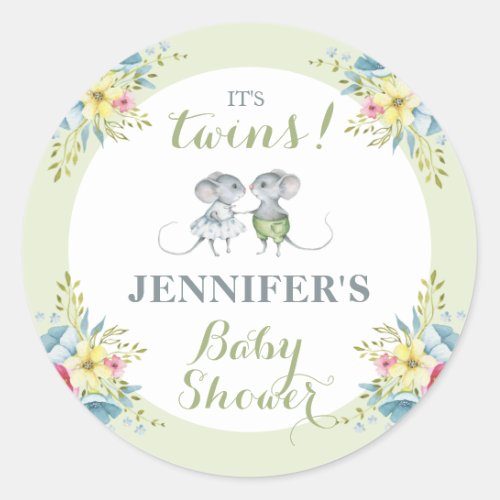 Its Twins Green Floral Boy  Girl Baby Shower   I Classic Round Sticker