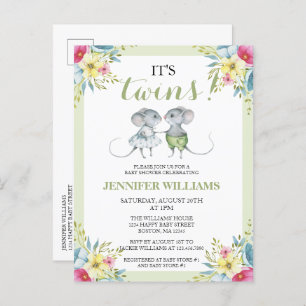 It's Twins Green Floral Boy & Girl Baby Shower Invitation Postcard