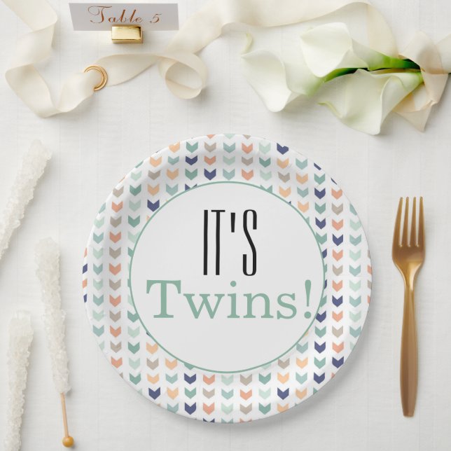 It's Twins! Modern Geometric Baby Shower Party Paper Plates (Wedding)