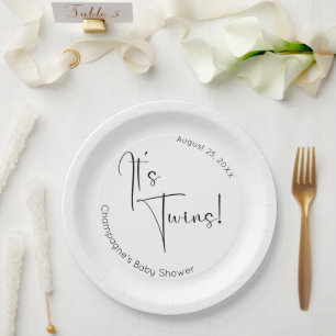 It's Twins Modern Script Baby Shower Paper Plates