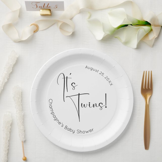 It's Twins Modern Script Baby Shower Paper Plates (Wedding)