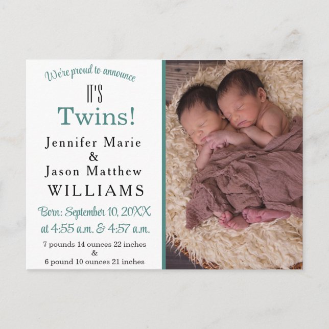 It's Twins Modern Teal Photo Birth Announcement (Front)