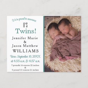 It's Twins Modern Teal Photo Birth Announcement Postcard