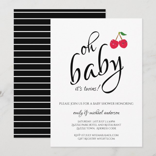 It's Twins Modern Typography Cherry Baby Shower Invitation (Front/Back)
