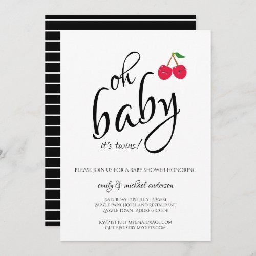 Its Twins Modern Typography Cherry Baby Shower Invitation