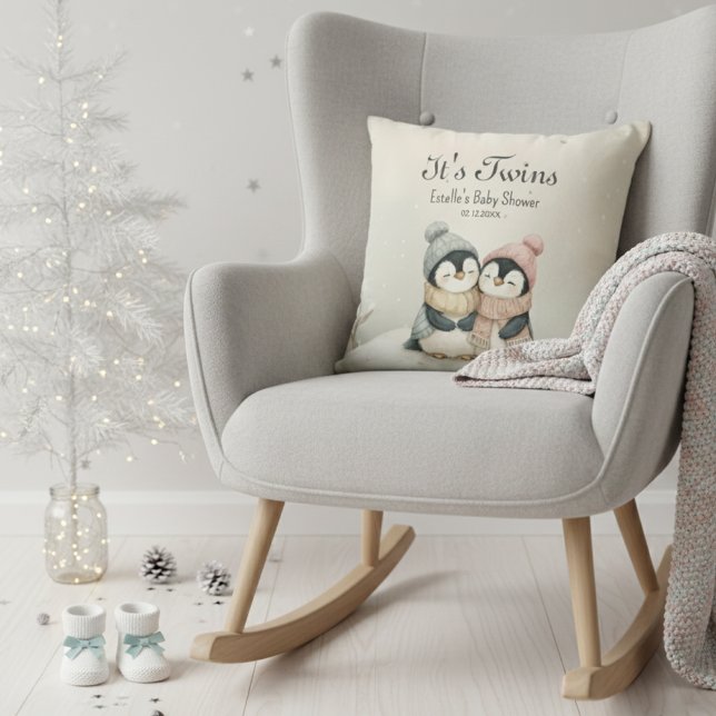 Its Twins Penguin Baby Shower Winter Wonderland  Throw Pillow (Creator Uploaded)