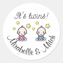 It's twins!, personalized w. names, round stickers