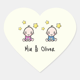 It's Twins!, Pink & Blue Personalized Twin Babies  Heart Sticker