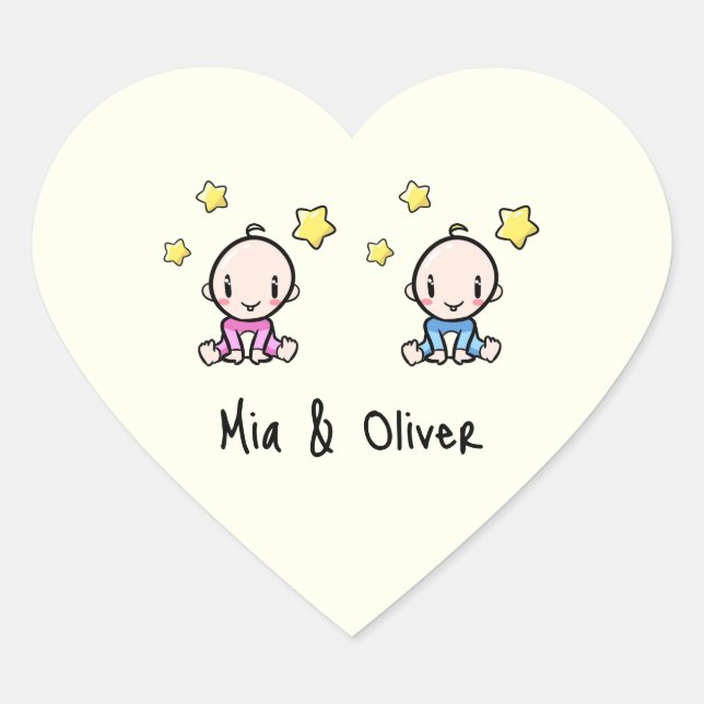 It's Twins!, Pink & Blue Personalized Twin Babies  Heart Sticker (Front)