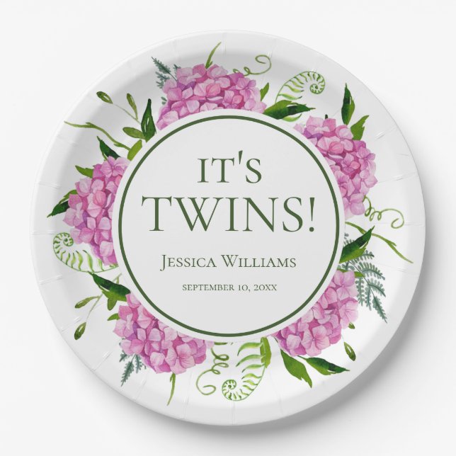It's Twins Pink Hydrangeas Baby Shower Paper Plates (Front)