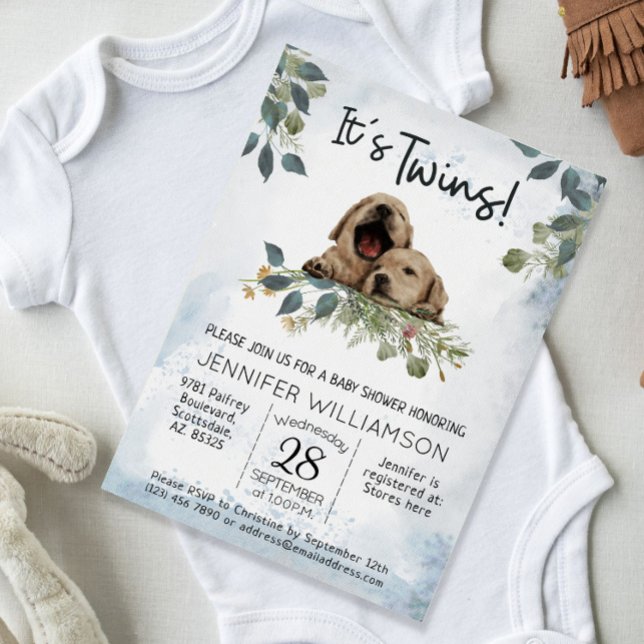 It's Twins! Puppy Dogs Watercolor Baby Shower  Invitation (Twins Baby Shower Invitation. cute modern watercolor puppies.)