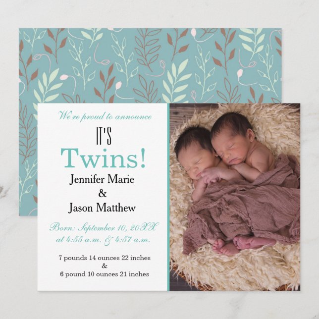 It's Twins Teal Photo Birth Announcement (Front/Back)