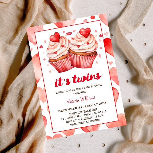 Its twins valentine hearts cupcake baby shower invitation