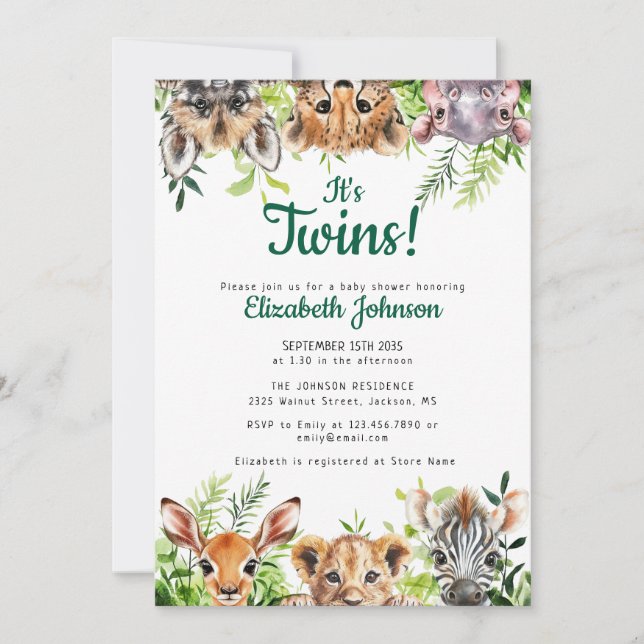 It's Twins Watercolor Safari Animals Baby Shower Invitation (Front)
