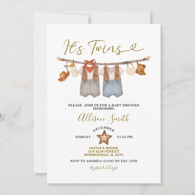 It's Twins Western Cowboy Baby Shower Invitation (Front)