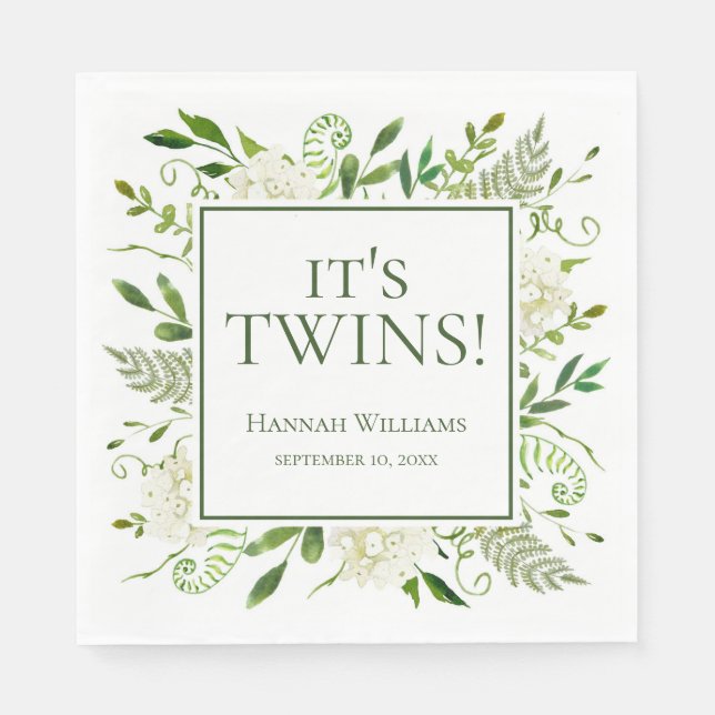It's Twins White Hydrangeas Baby Shower Napkins (Front)