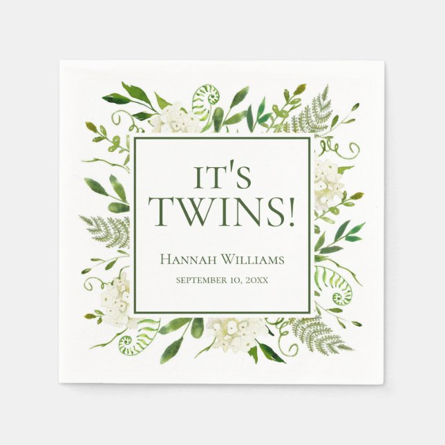 It's Twins White Hydrangeas Baby Shower Napkins (Front)
