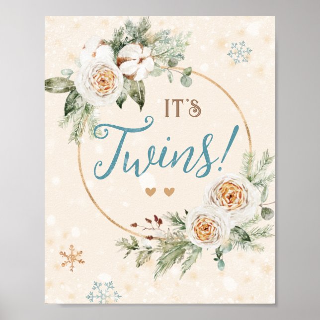 It's Twins Winter Baby Shower Sprinkle Snowflake Poster (Front)