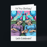 It's Your Birthday Let's Celebrate | Old Friends Card<br><div class="desc">Cute elderly ladies sound asleep on the couch worn out. Funny over the hill again humor birthday card.</div>