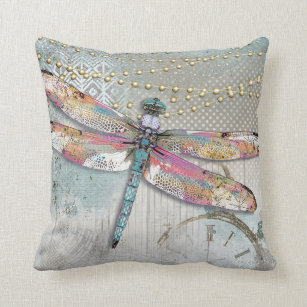 Multicolor Gray & Gold Publishing Dragonfly Pattern in Pink & Blue on Navy AEY602 Throw Pillow 16x16 