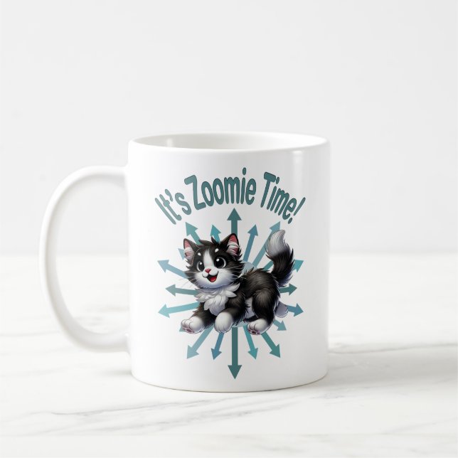 It's Zoomie Time Cute Black & White Cat Coffee Mug (Left)