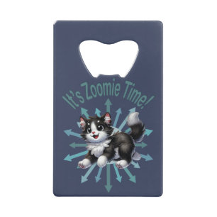 It's Zoomie Time Cute Black & White Cat Credit Card Bottle Opener